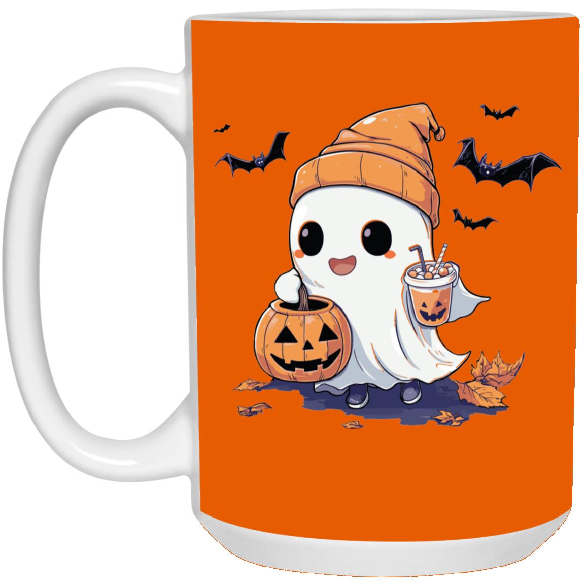 Cute Ghost Trick-or-Treating Mug (15oz) White/Orange