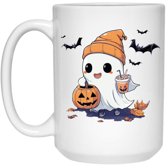 Cute Ghost Trick-or-Treating Mug (15oz) White/Orange
